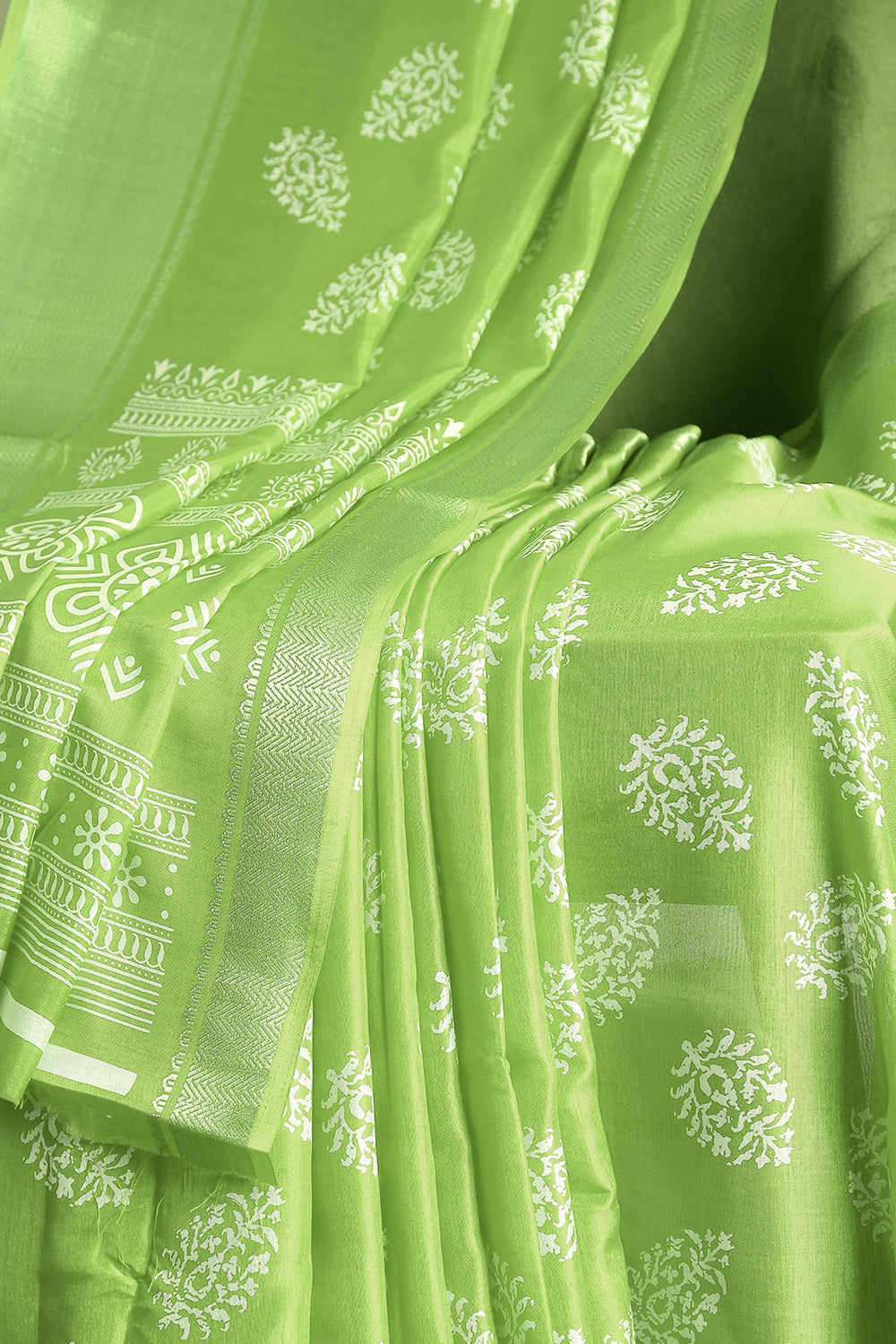 Green Color Block Printed Cotton Silk Saree