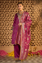 Wine Silk Embroidered Unstitched Suit Material With Banarsi Dupatta