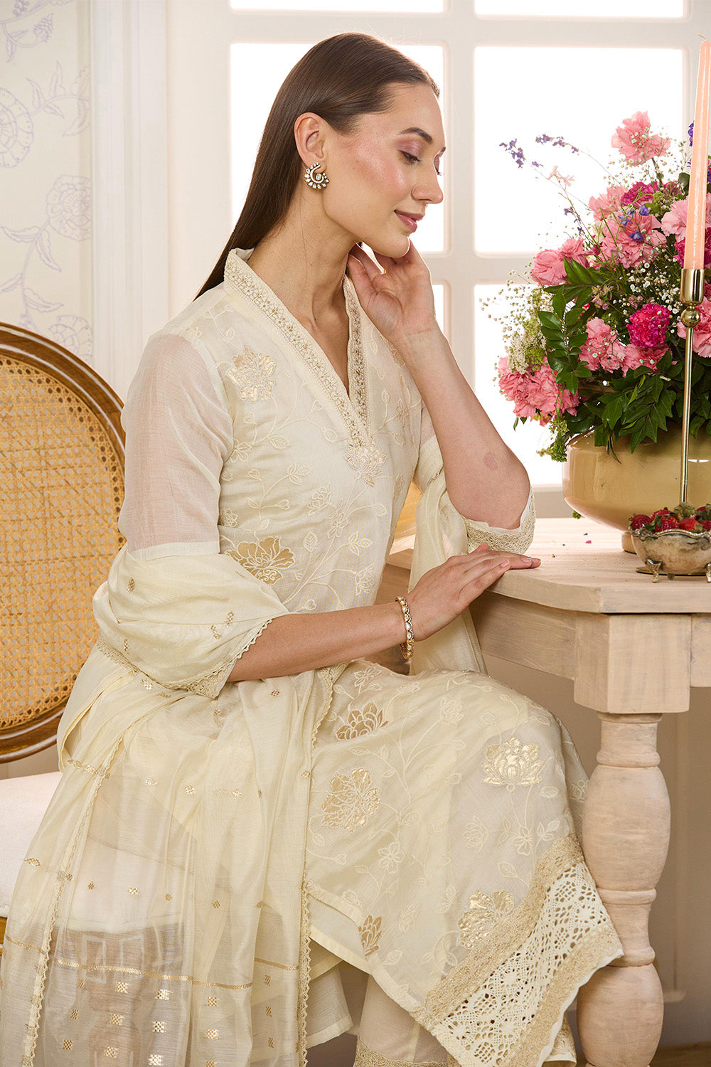 Cream Chanderi Cotton Floral Embroidered Suit