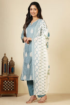 Blue Cotton Emboridered And Printed Suit Set