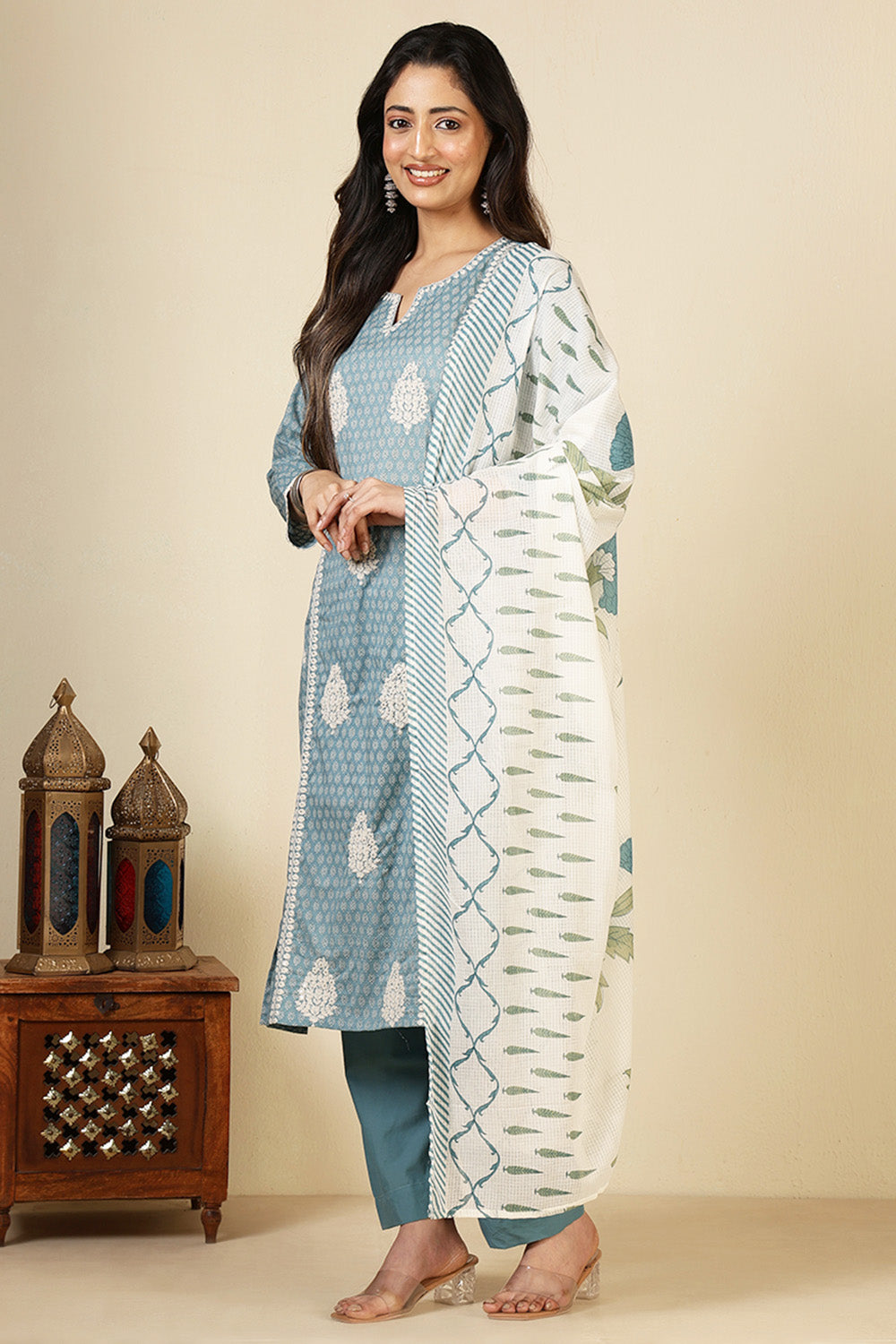 Blue Cotton Emboridered And Printed Suit Set