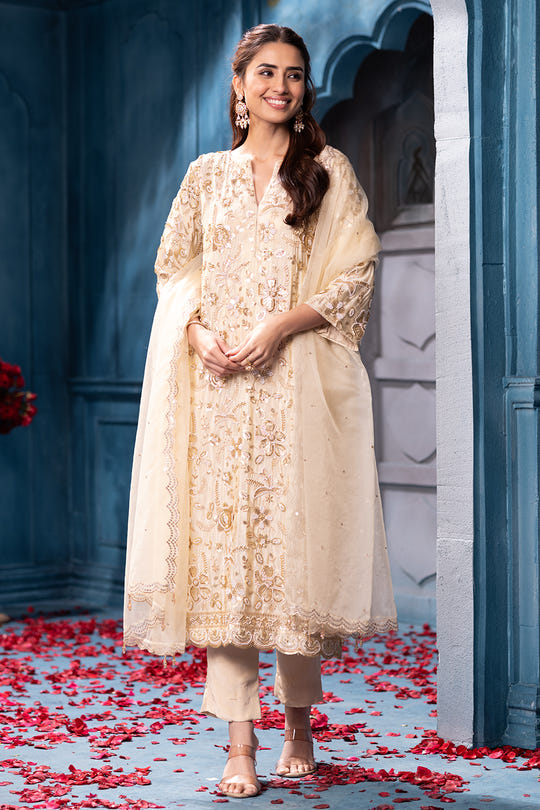 Cream Metallic Tissue Cut-dana And Sequins Embroidered Suits