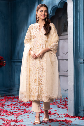 Cream Matelic Tissue Cut-dana And Sequins Embroidered Suits