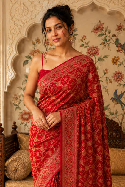 Red Khaddi Georgette Woven Saree