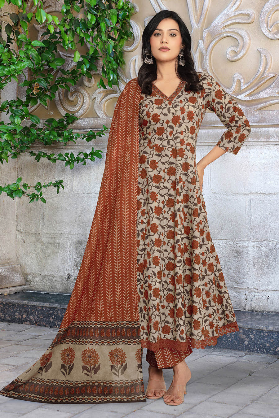 Beige & Rust Cotton Floral Printed Floor Lenght Anarkali Suit