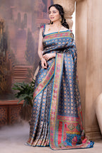 Blue Maheshwari Silk Soft Brocade Woven Saree