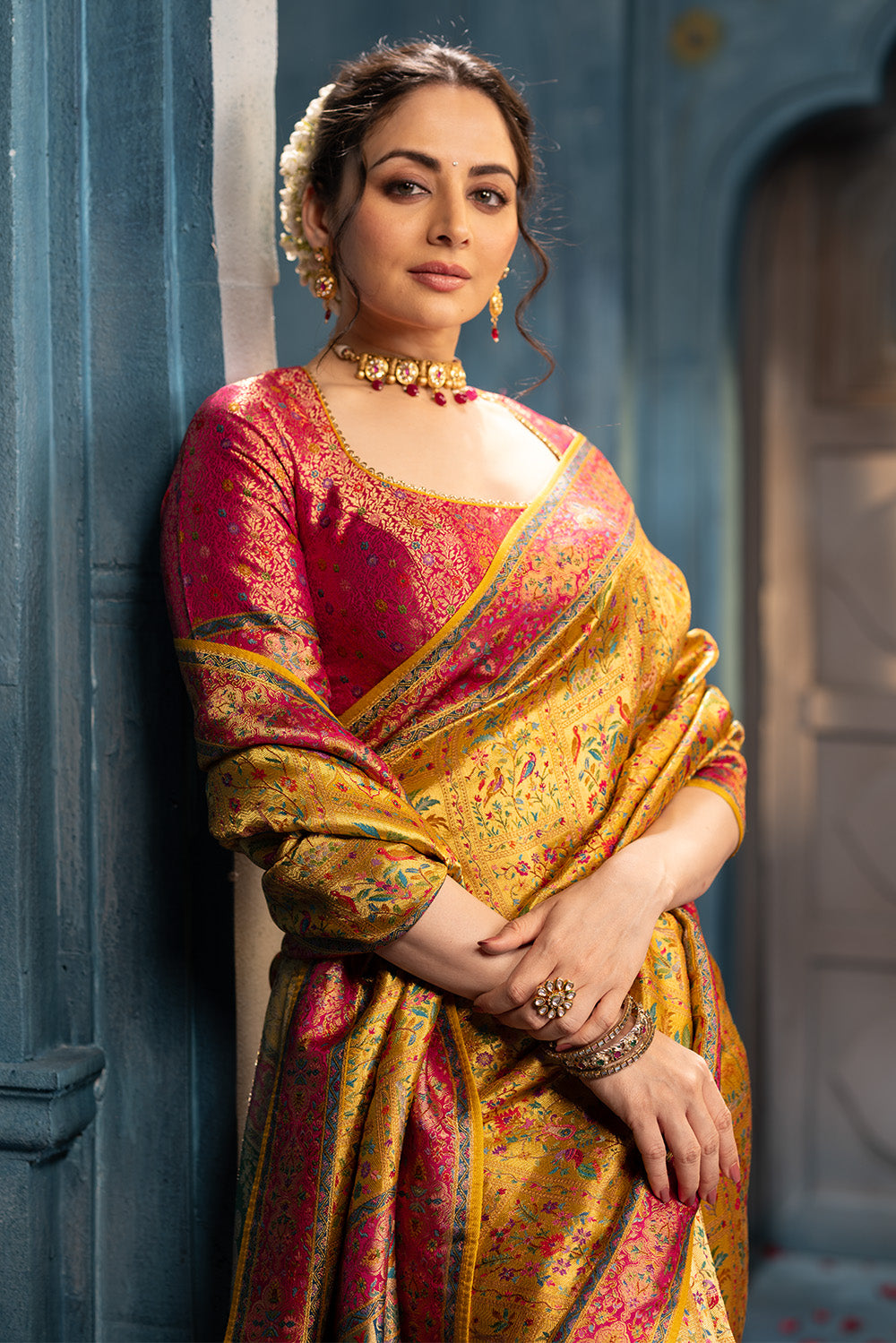 Mustard Position Print Woven Silk Saree