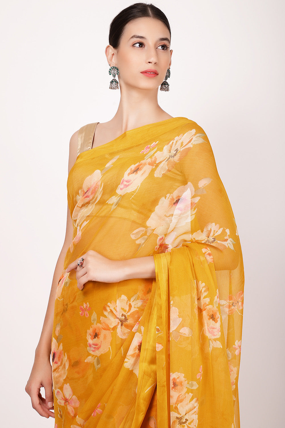 Mustard Chiffon Printed Saree