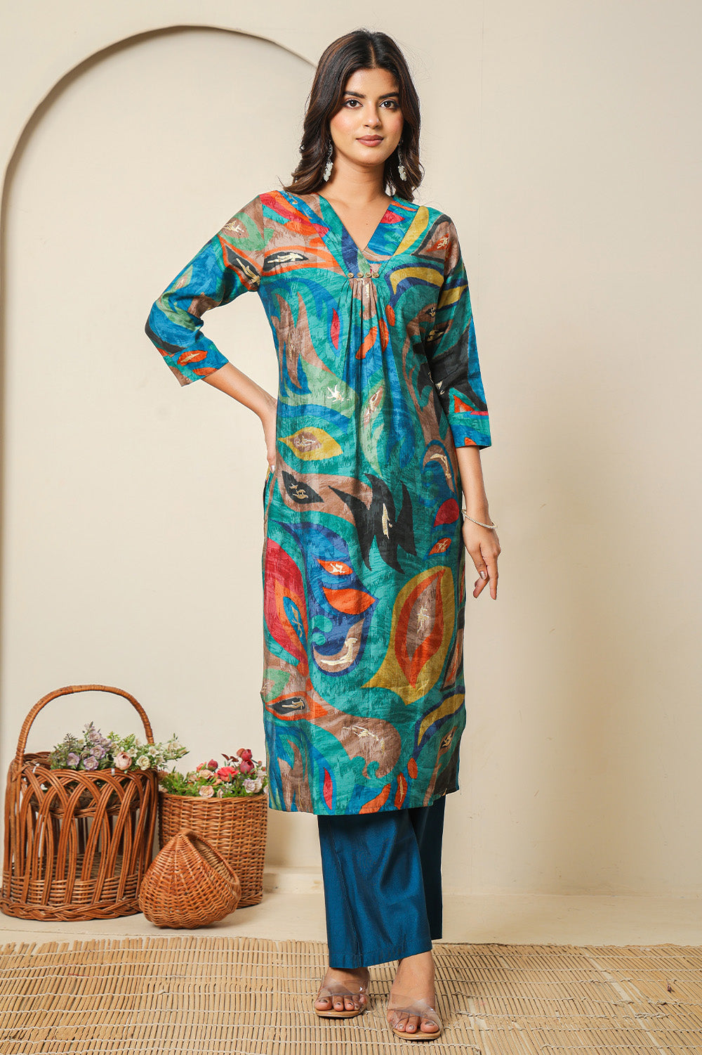 Teal Abstract Printed Muslin Long Kurta