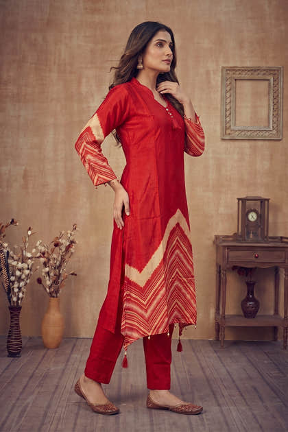 Red Mulberry Silk Printed Kurta Set