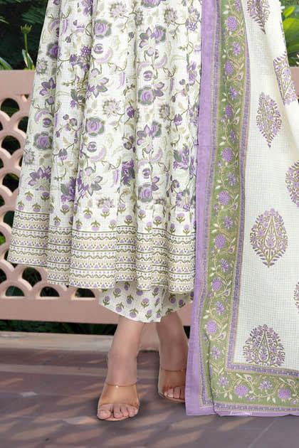 Cream & Purple Cotton Floral Printed Floor Lenght Anarkali Suit