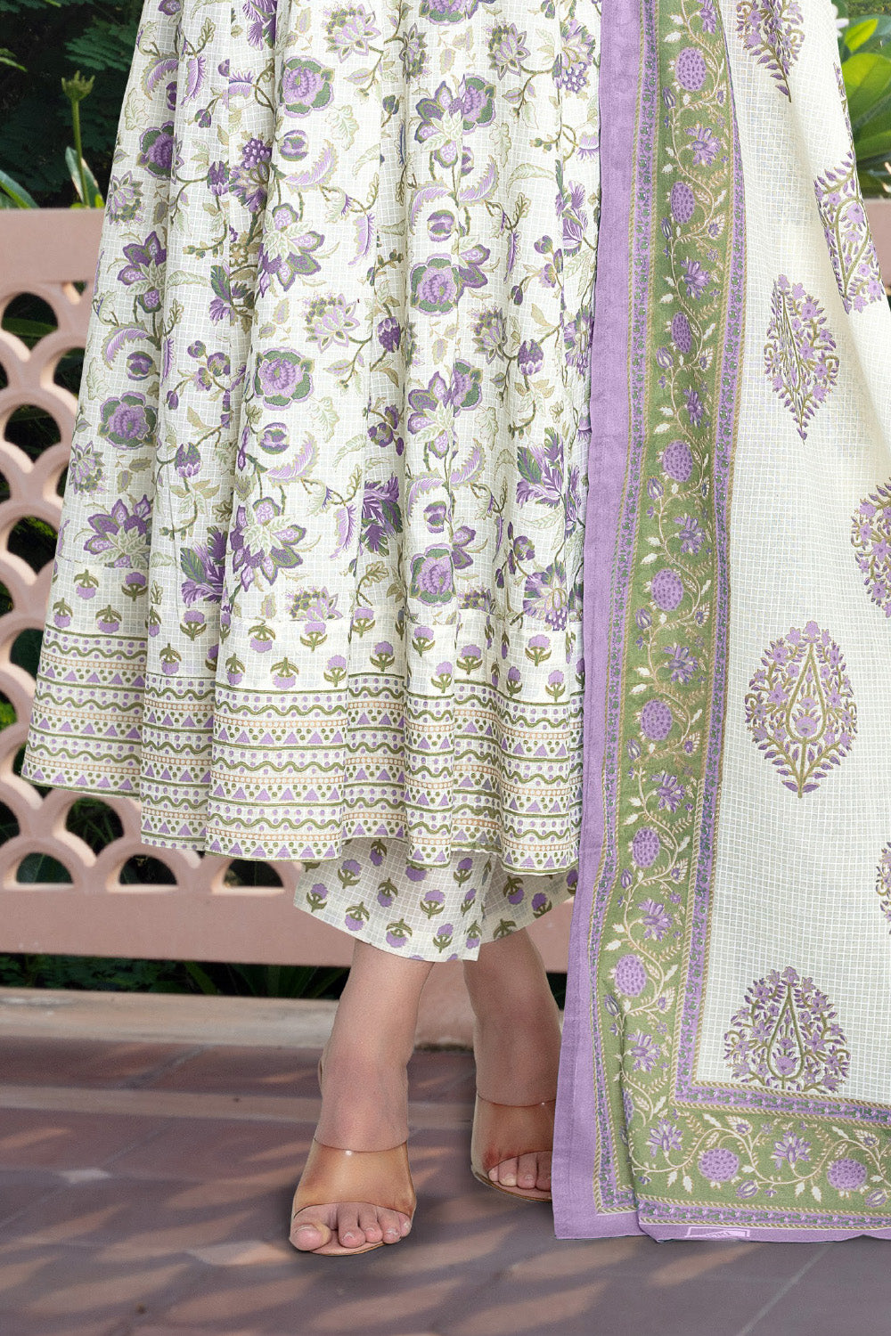 Cream & Purple Cotton Floral Printed Floor Lenght Anarkali Suit