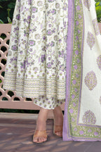 Cream & Purple Cotton Floral Printed Floor Lenght Anarkali Suit