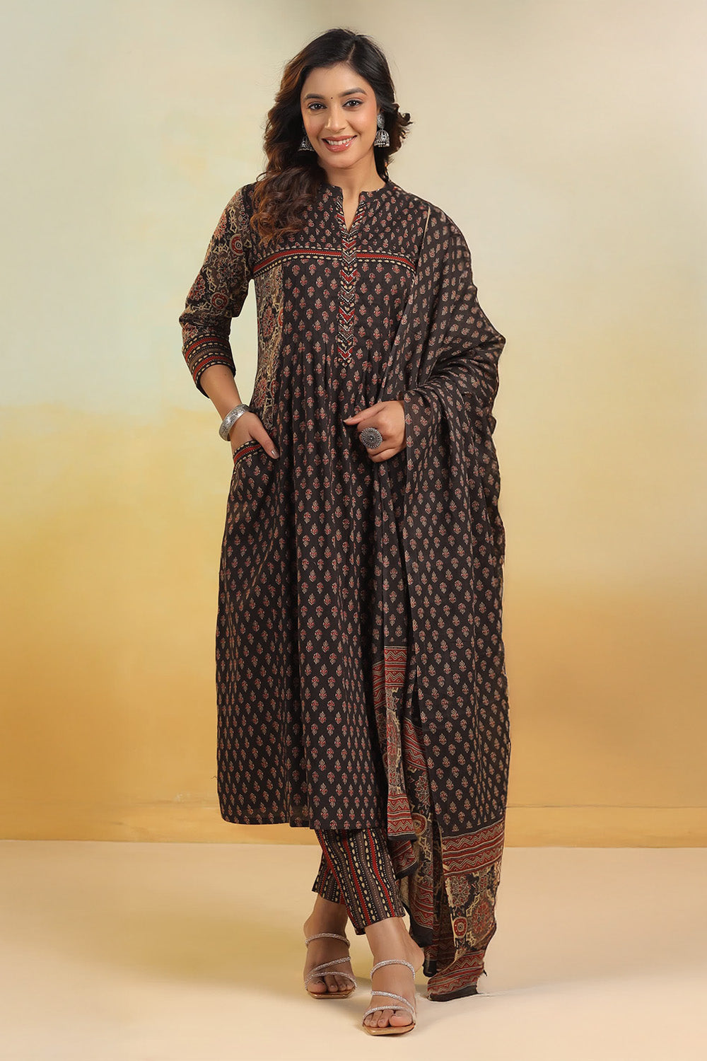 Black Cotton Block Printed Anarkali Suit
