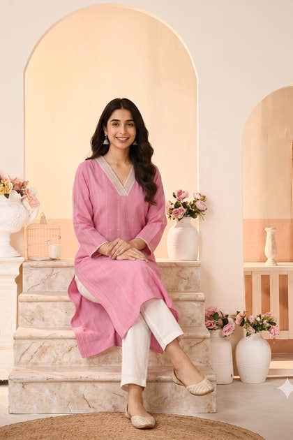 Pink Cotton Mirror Neck-Embroidered Kurta Set