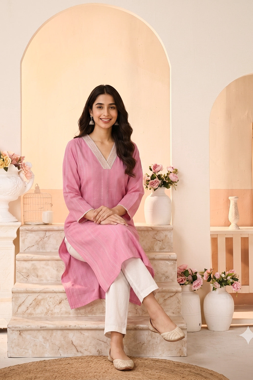 Pink Cotton Mirror Neck-Embroidered Kurta Set