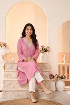 Pink Cotton Mirror Neck-Embroidered Kurta Set