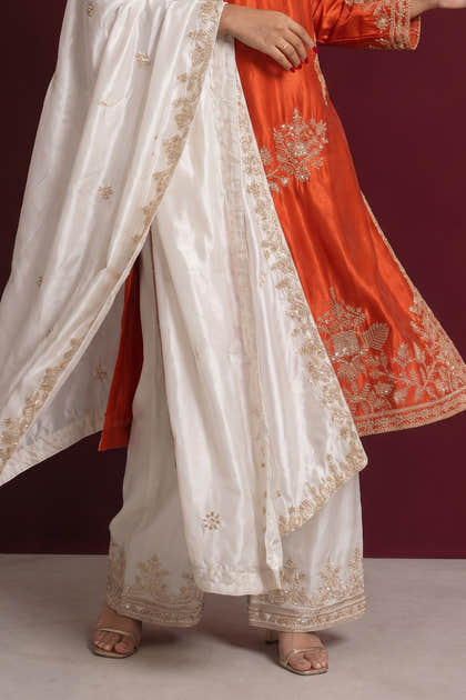 Rust Color Sequins And Cut-Dana Embroidered Suit With Pallazo