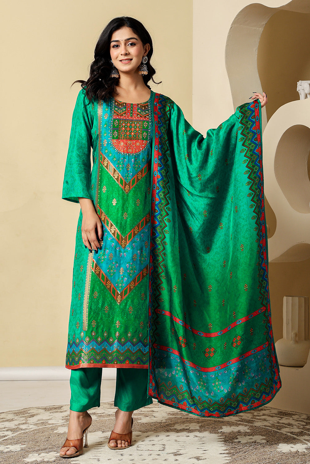 Teal Crepe Silk Printed Suit