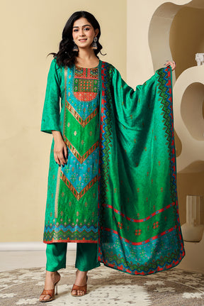 Teal Crepe Silk Printed Suit