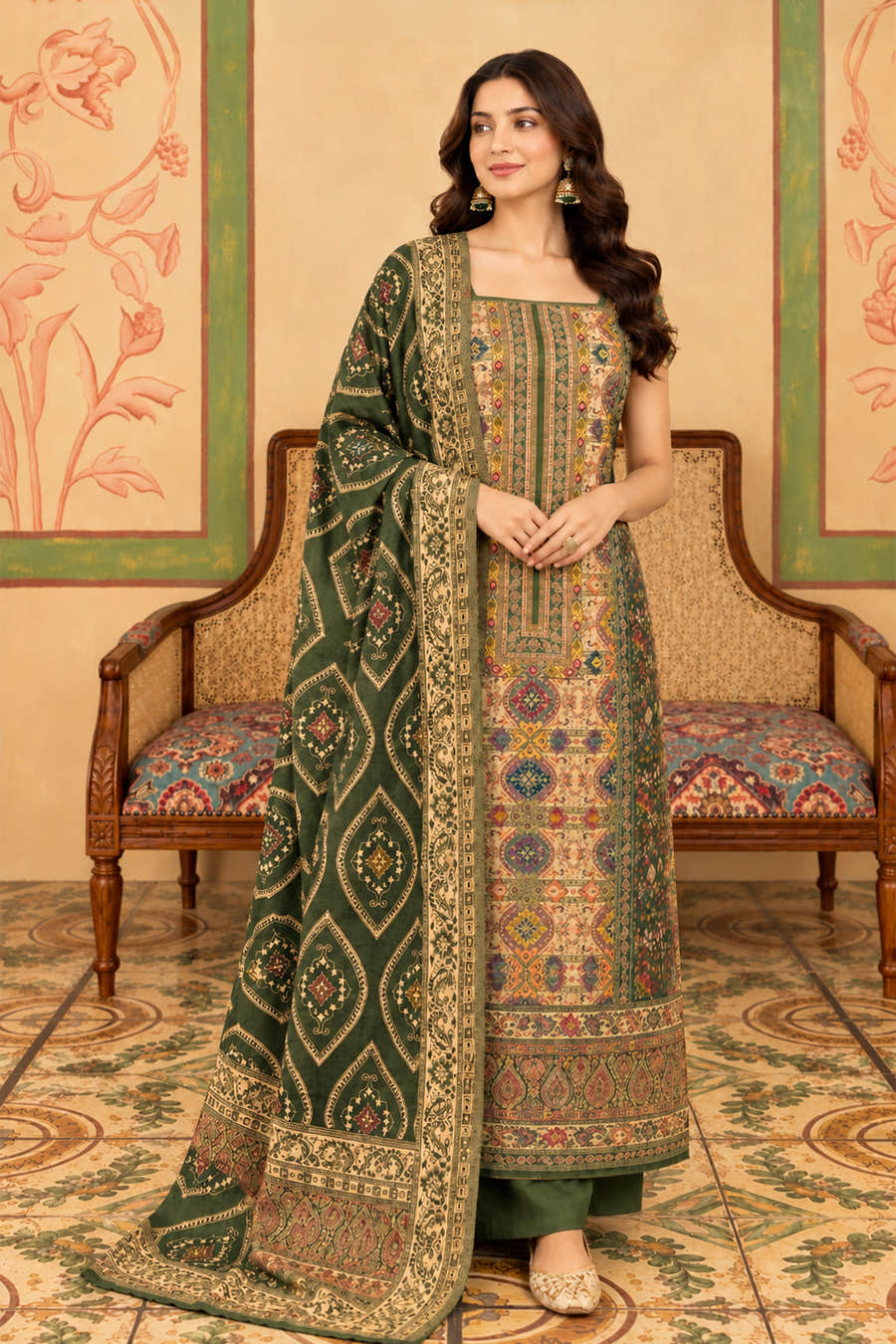 Green Resham Woven Pashmina Unstitched Suit Material
