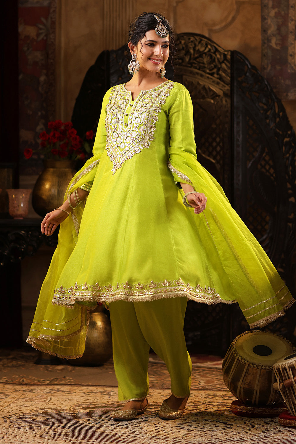 Parrot Green Color Silk Gota Patti Embroidered Anarkali Suit