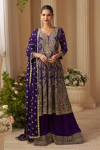 Voilet Georgette Zari And Sequins Embroidered Suit With Embroidered Palazzo