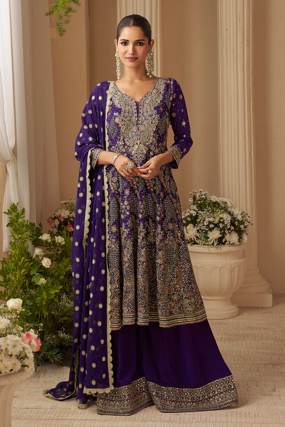 Voilet Georgette Zari And Sequins Embroidered Suit With Embroidered Palazzo