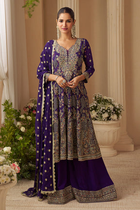 Voilet Georgette Zari And Sequins Embroidered Suit With Embroidered Palazzo