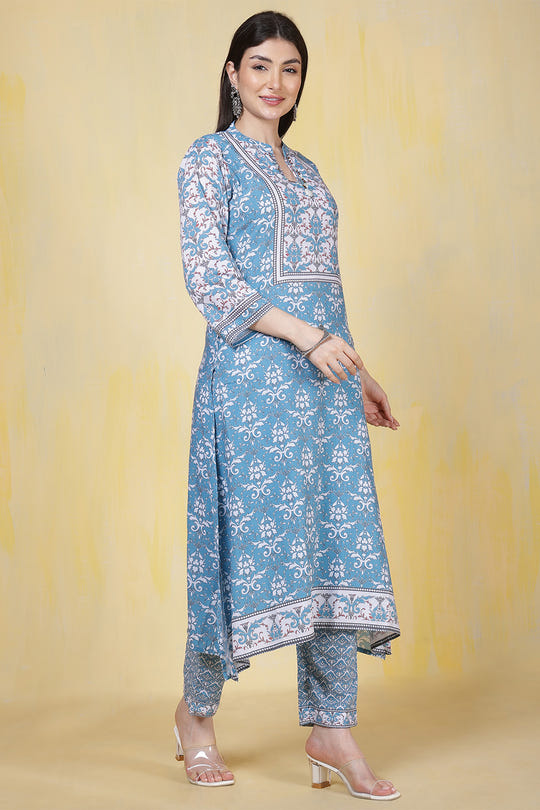 Turquoise Rayon Floral Printed Kurta Set