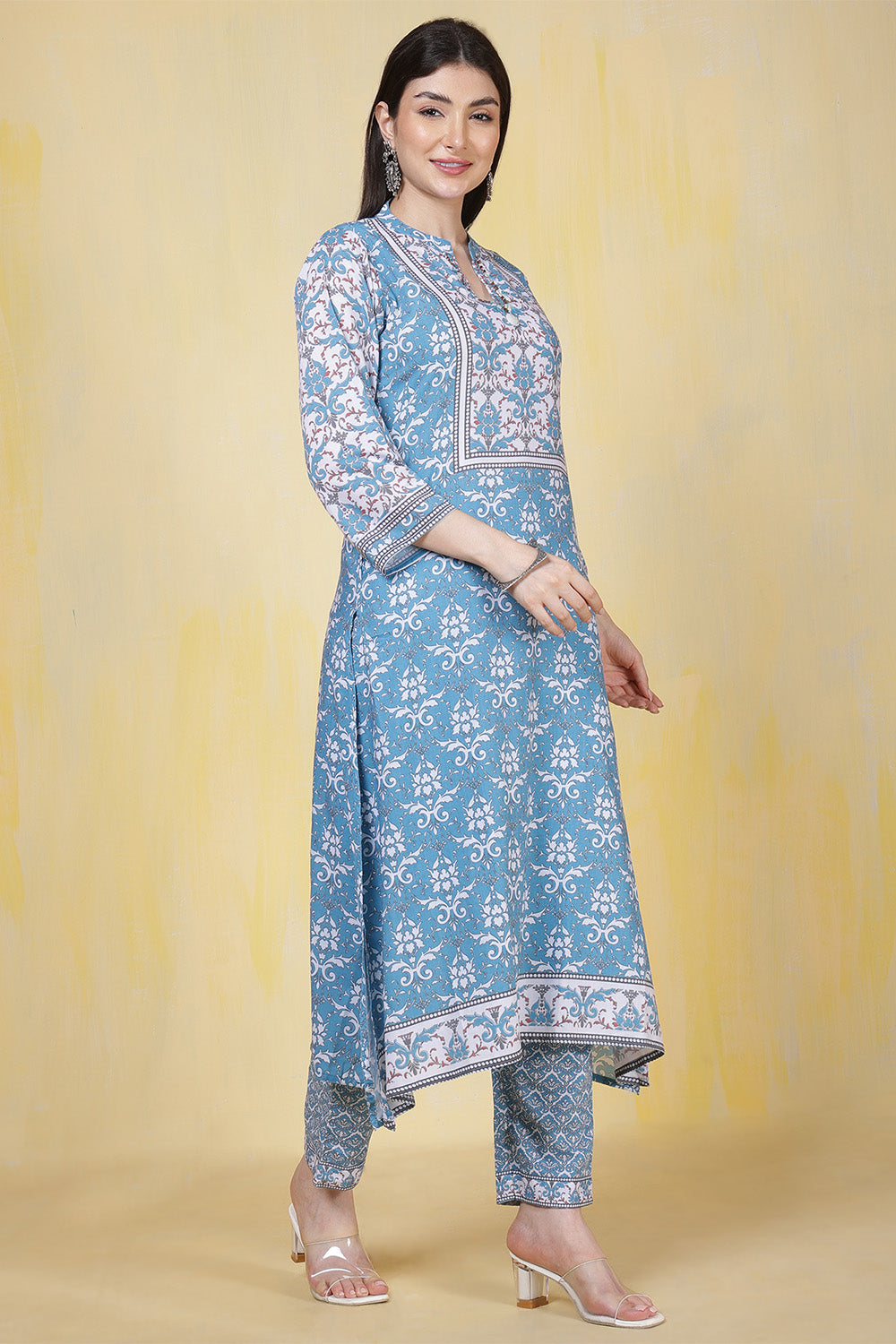 Turquoise Rayon Floral Printed Kurta Set