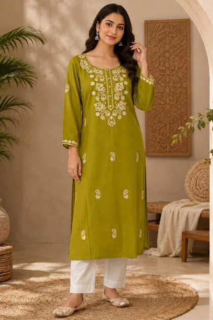 Sage Green Resham Embroidered Cotton Kurta