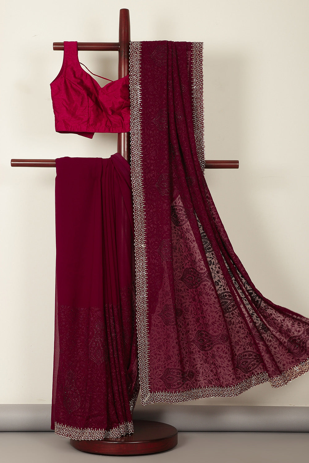 Wine Georgette Resham Floral Jal Woven And Swarovski Work Saree