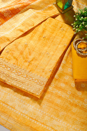 Mustard Tussar Silk Embroidered Unstitched Suit Material