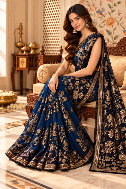 Blue Floral Sequins Embroidered Georgette Saree