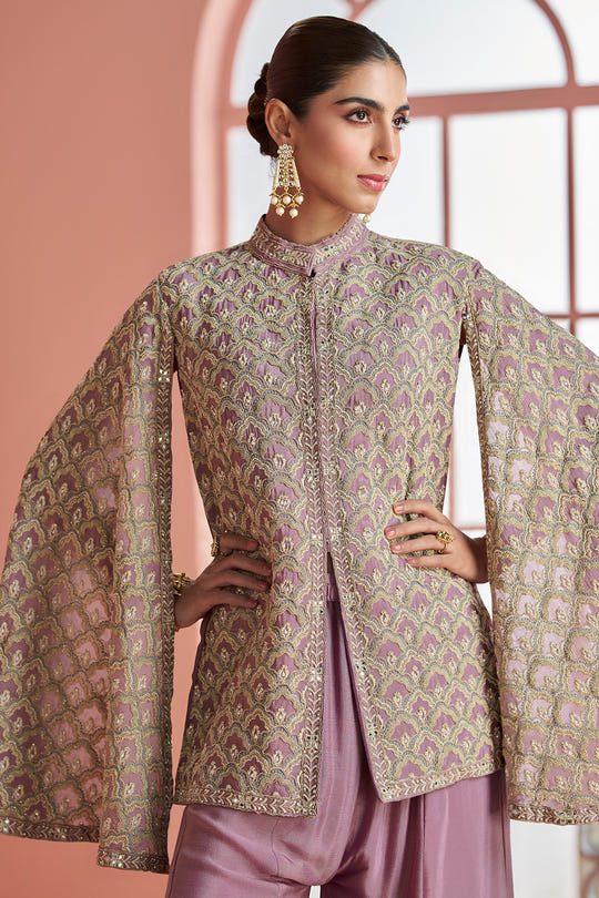 Dusty Pink Crepe Silk Embroidered Dress With Embroidered Palazzo