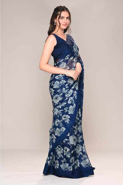 Navy Color Floral Printed Chiffon Saree