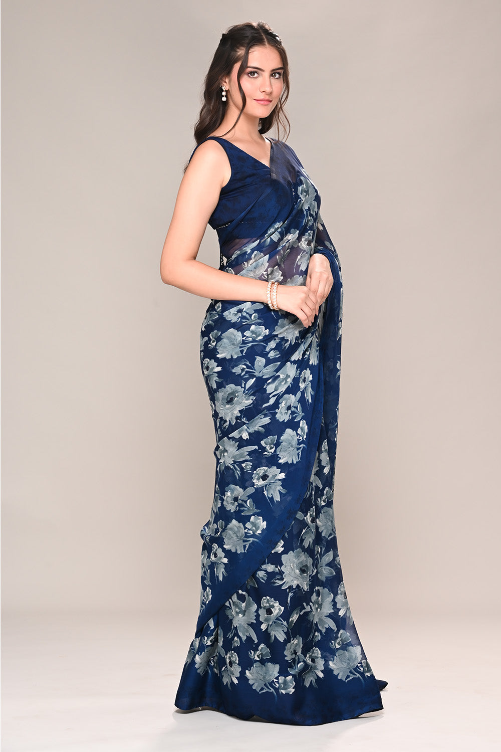 Navy Color Floral Printed Chiffon Saree