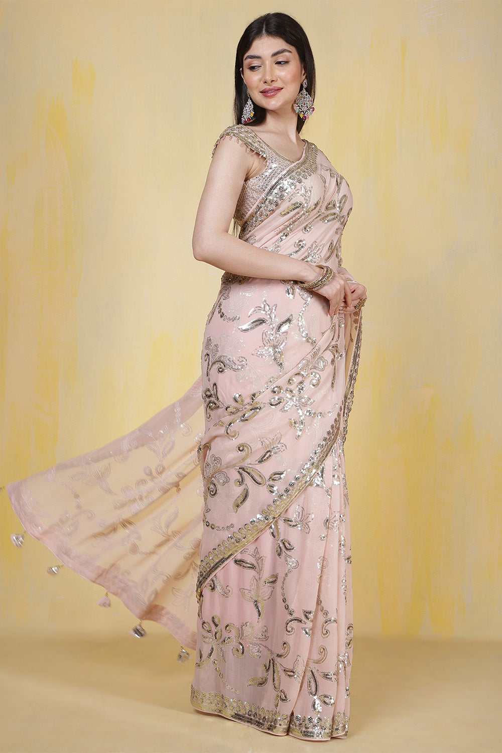 Dusty Pink Sequins Embroidered Georgette Saree