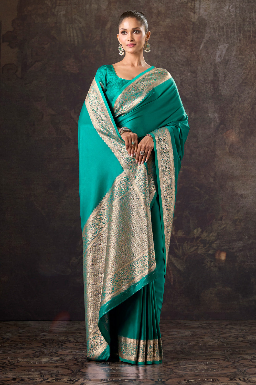 Teal Satin Silk Woven Saree