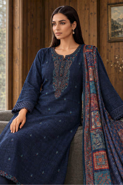 Navy Matka Silk Embroidered Unstitched Suit Material