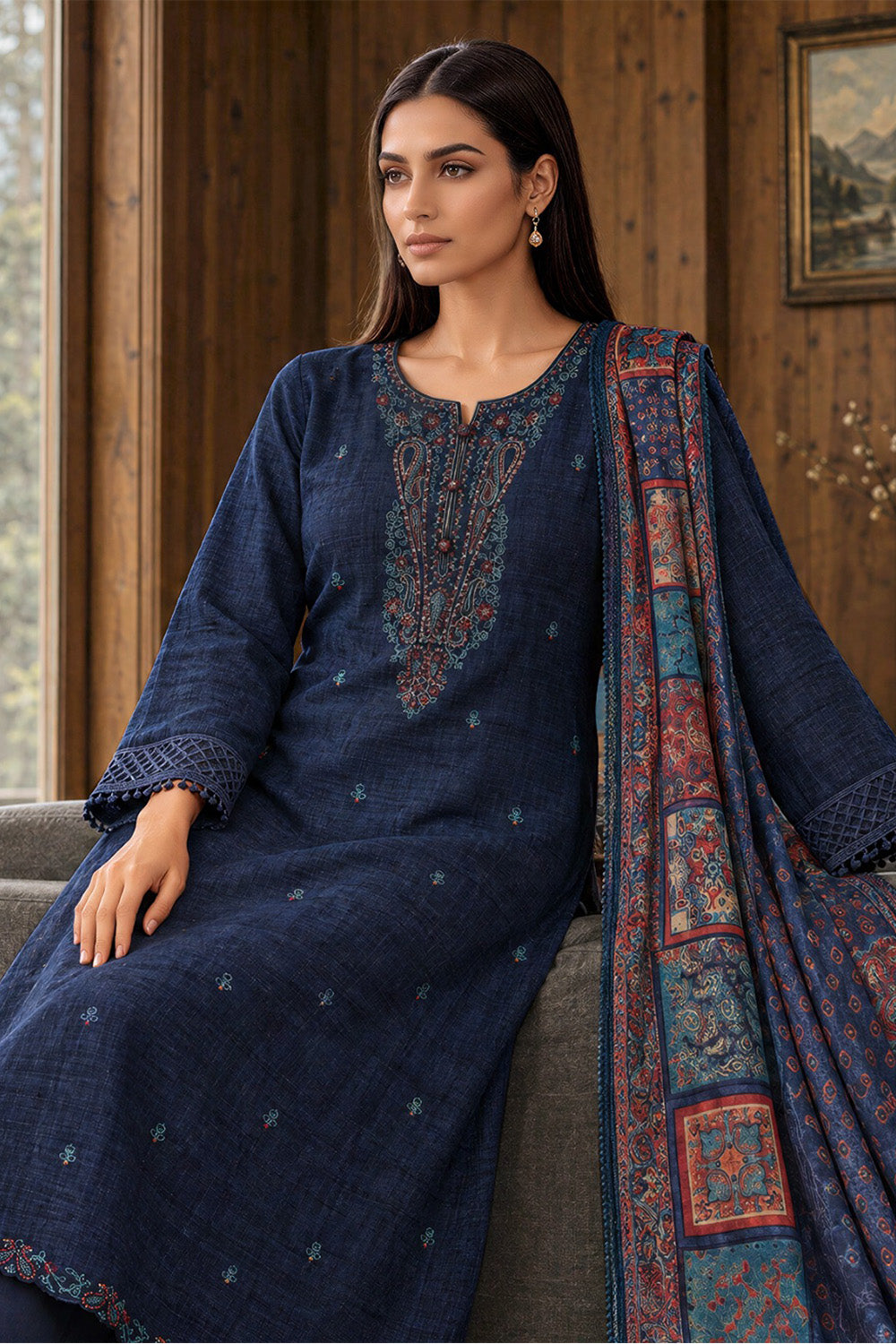 Navy Matka Silk Embroidered Unstitched Suit Material