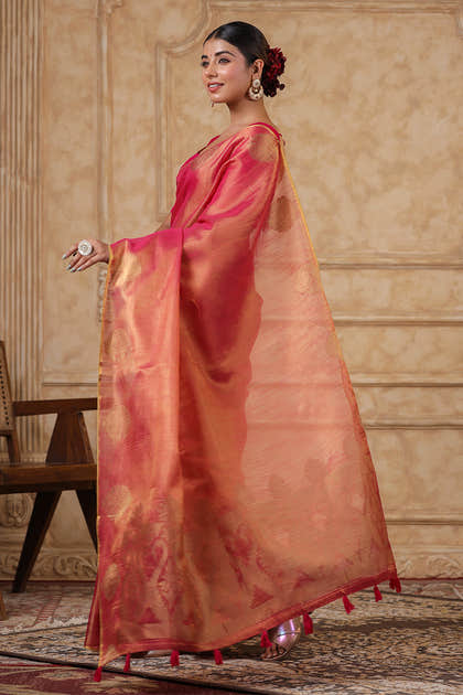 Fuchsia Pink Color Organza Cotton Golden Zari Woven Saree