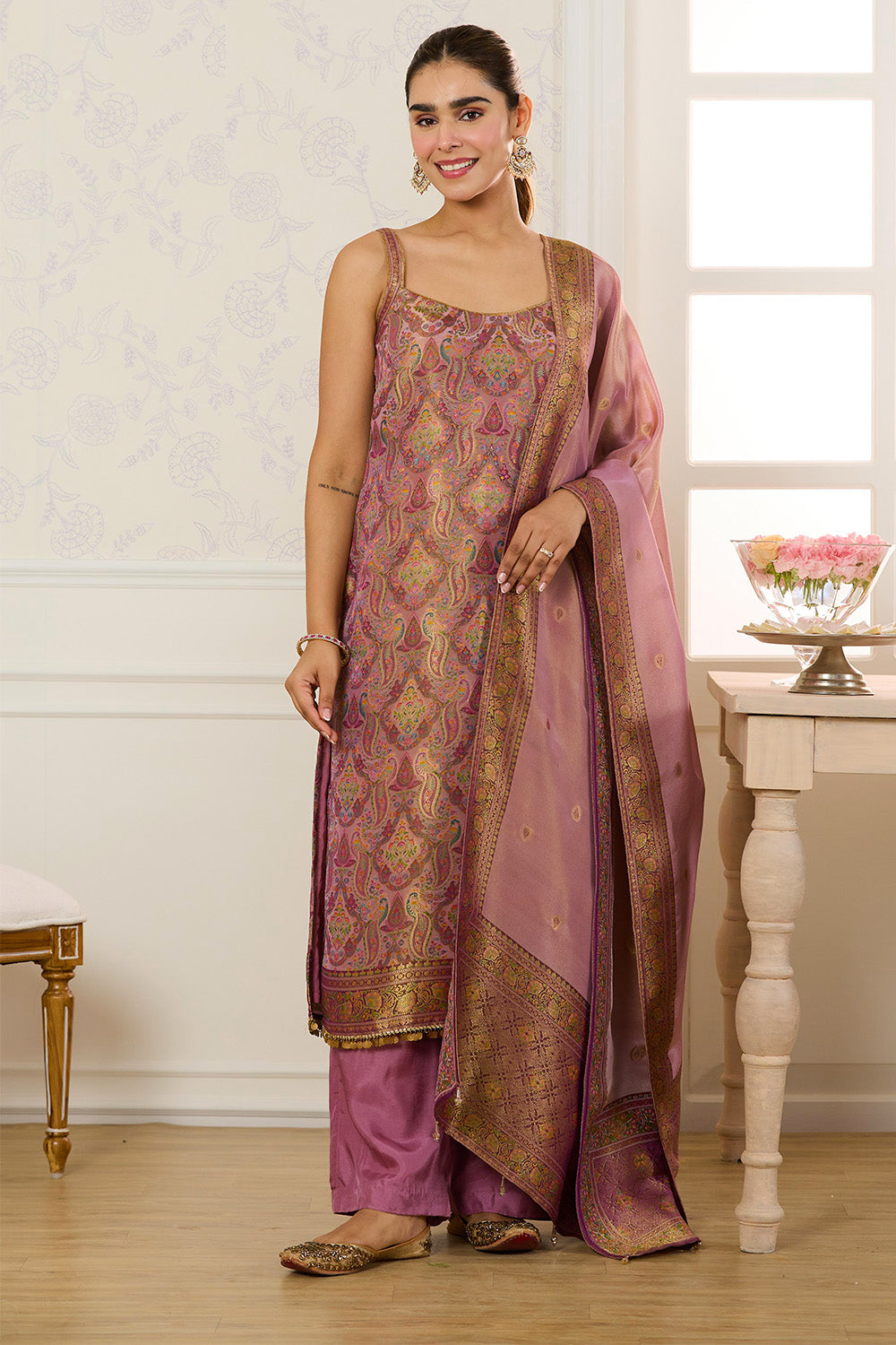 Mauve Banarasi Khaddi Georgette Woven Unstitched Suit Material