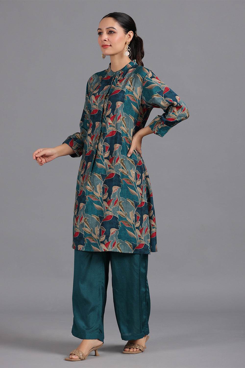 Teal Color Muslin Floral Printed Kurta Set