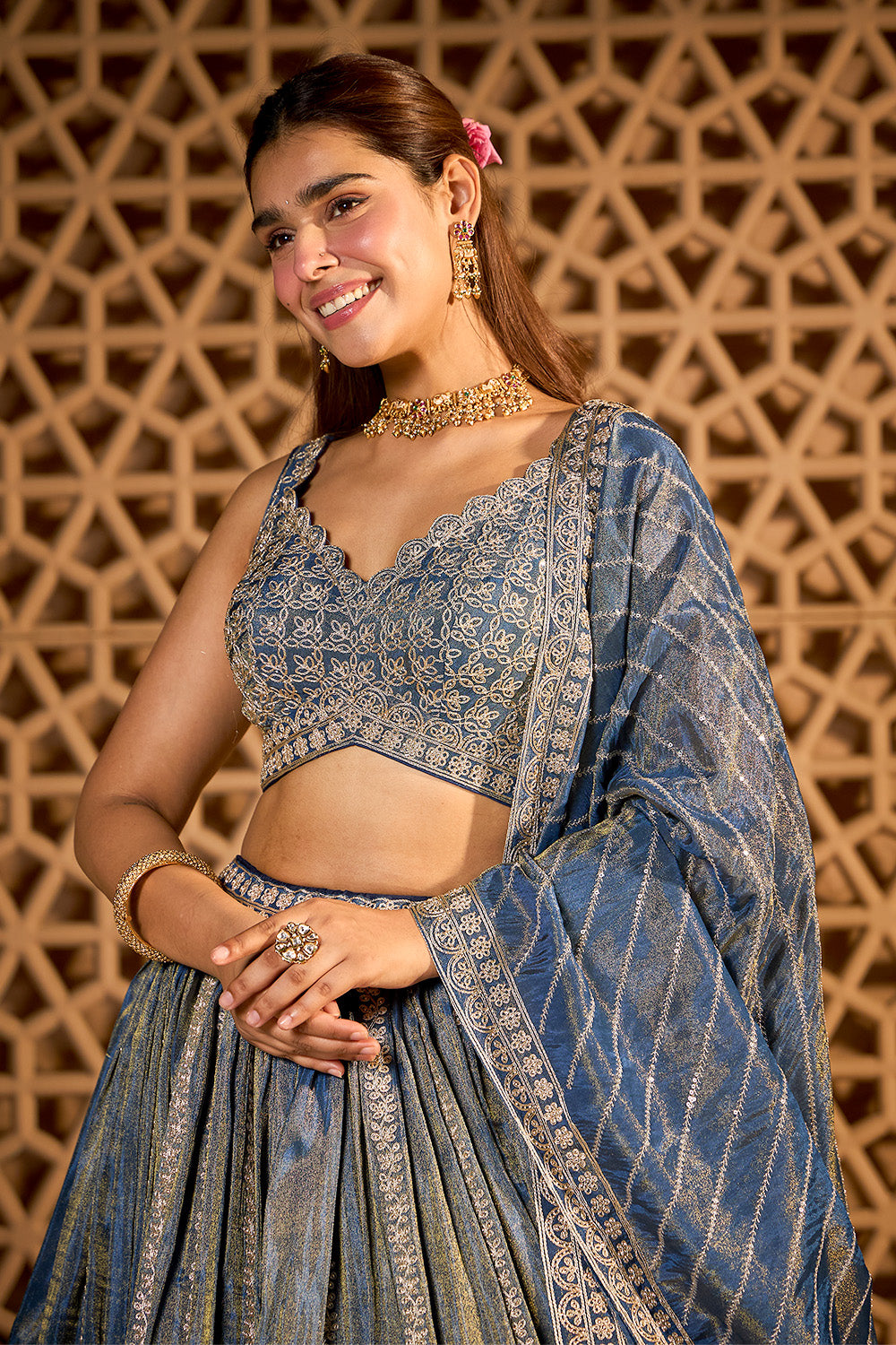 Blue Tissue Silk Embroidered Lehanga