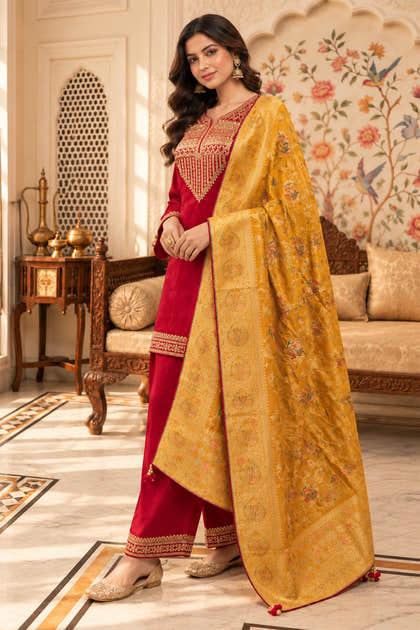 Rani Silk Embroidered Unstitched Suit Material With Banarsi Dupatta