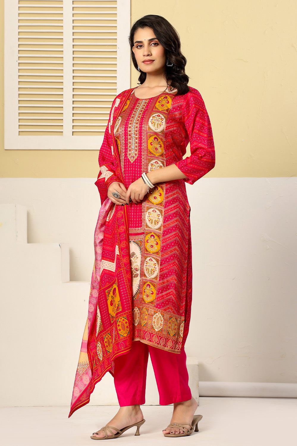 Magenta Pink Printed Embroidered Chanderi Silk Suit Set