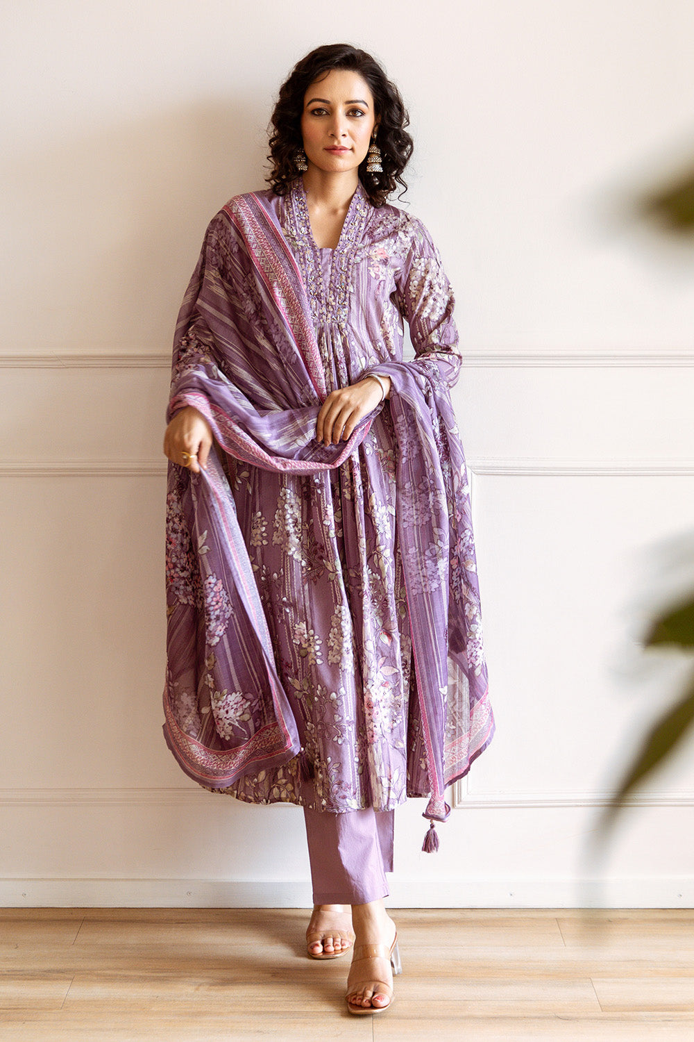 Mauve Color Floral Printed Muslin Anarkali Suit Set