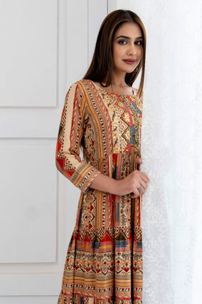 Beige Color Cotton Embroidered Anarkali Kurta